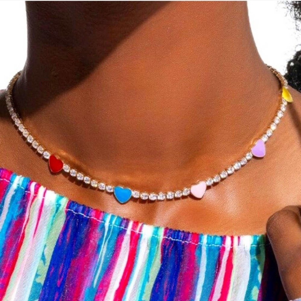 New! Hearts & Crystals Rhinestone Gold Tone Choker Multi Color Necklace
